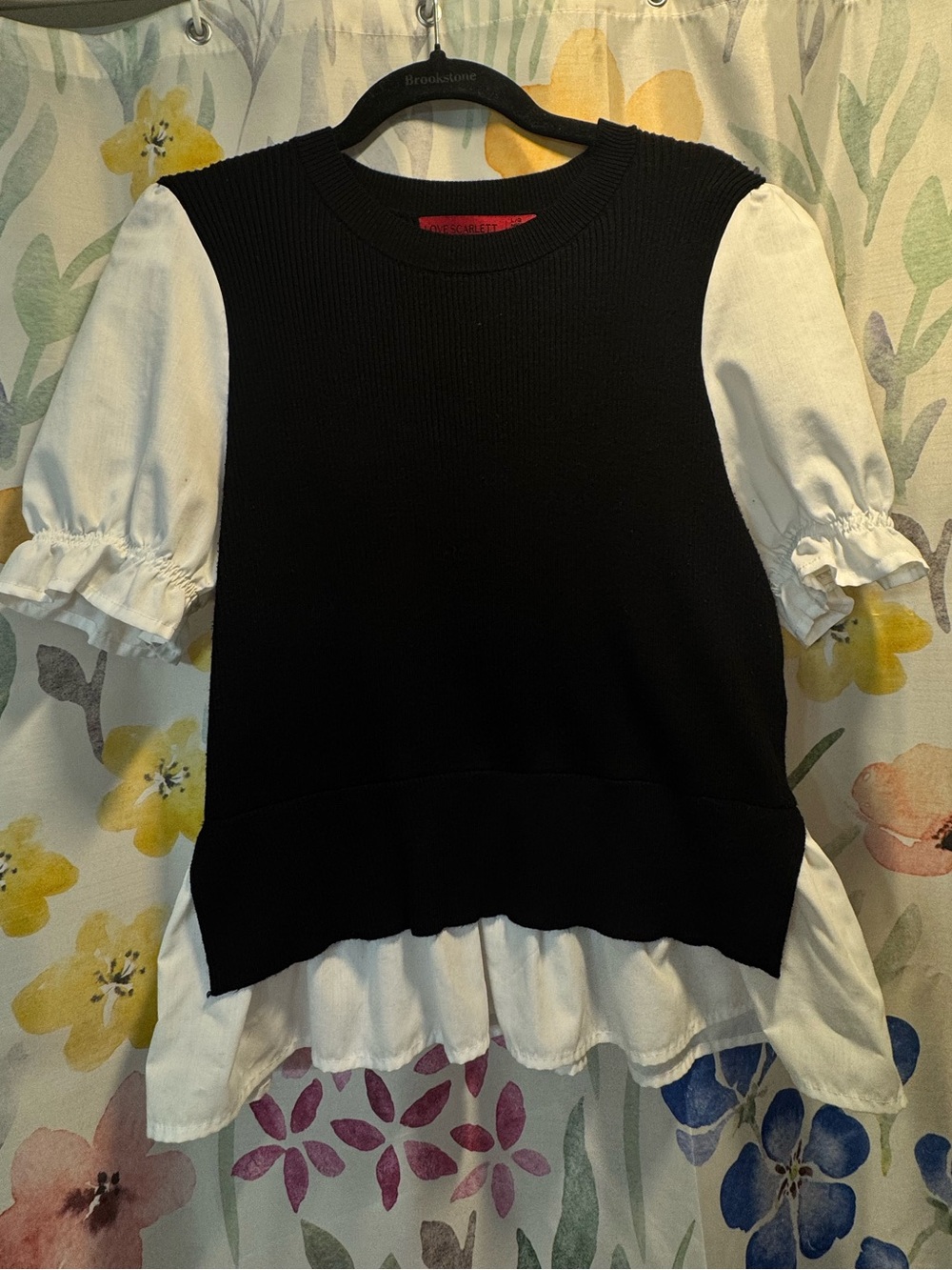 Black Knit Shell Top with White Puff Sleeves and Ruffle Hem